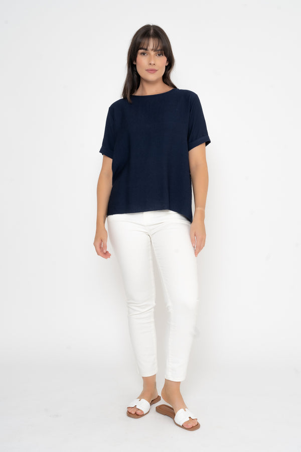 Dark Navy Button Back Linen Like Top