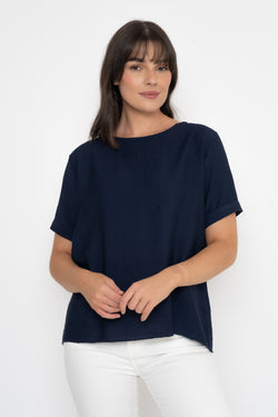 Dark Navy Button Back Linen Like Top