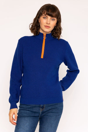 1/4 Zip Placket Contrast Knit Jumper in Cobalt Blue