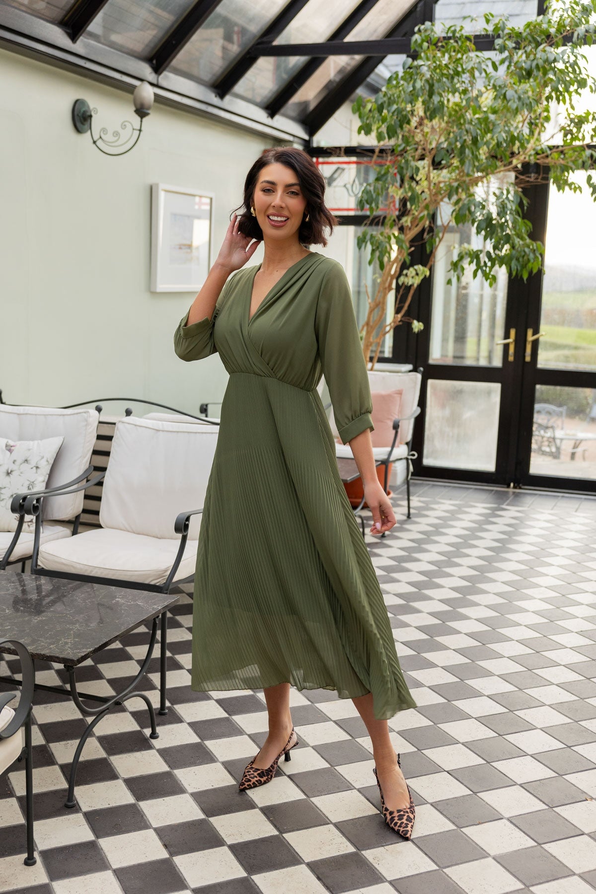 3/4 Length Sleeve Hannah Midi Dress in Khaki