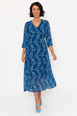 Carraig Donn 3/4 Sleeve Blue Print Kerry Midi Dress