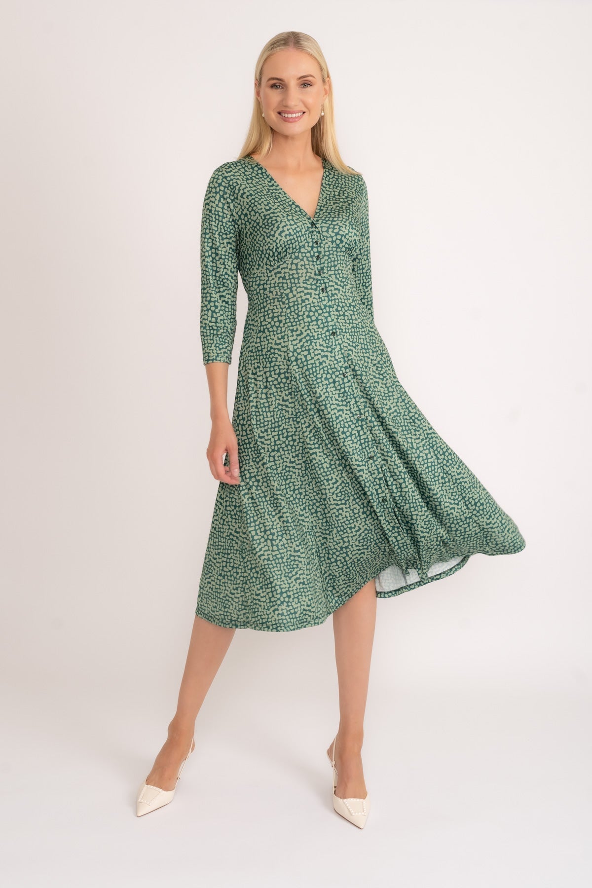 Angelina Midi Dress in Green Print Ladies Midi Dresses Carraig Donn