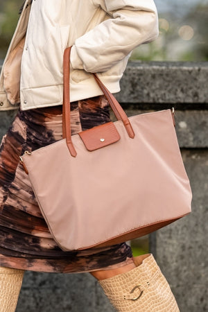 Beige Nylon Weekender Tote Bag