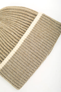 Carraig Donn Beige Ribbed Beanie With Stripe Hem