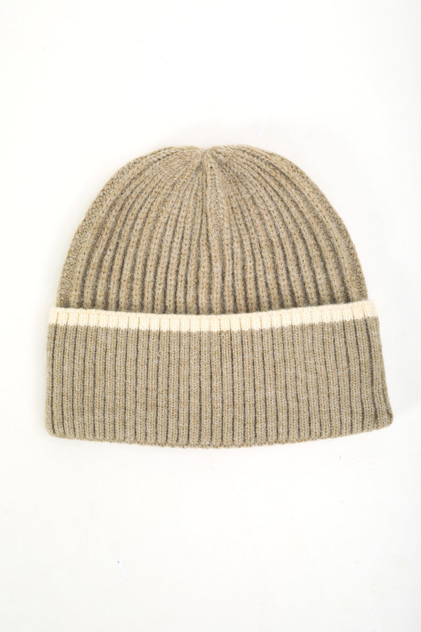 Carraig Donn Beige Ribbed Beanie With Stripe Hem