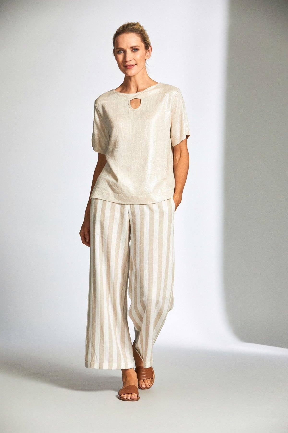 Beige Stripe Linen Wide Leg Trousers