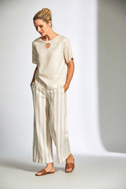 Carraig Donn Beige Stripe Linen Wide Leg Trousers