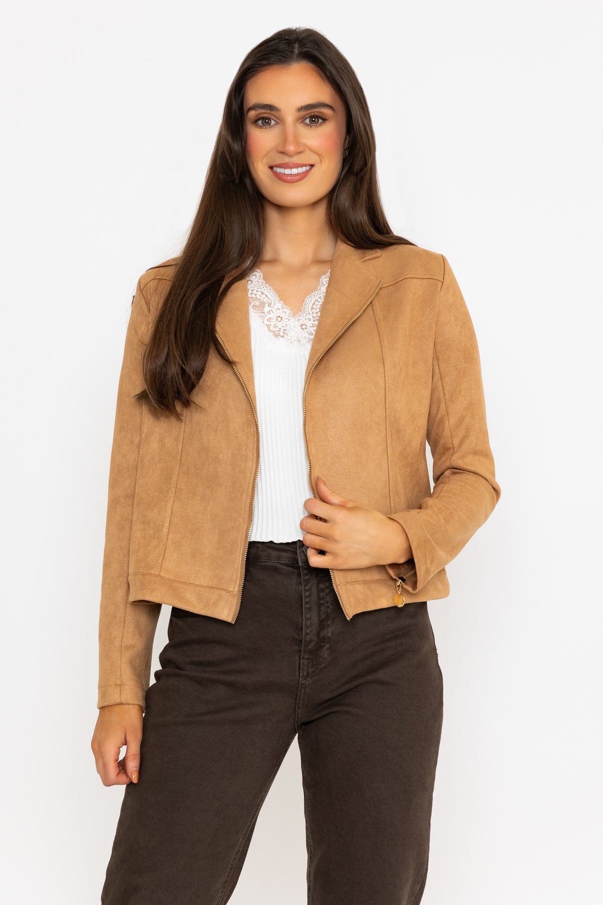 Beige Suedette Zip Jacket Ladies Jackets Carraig Donn