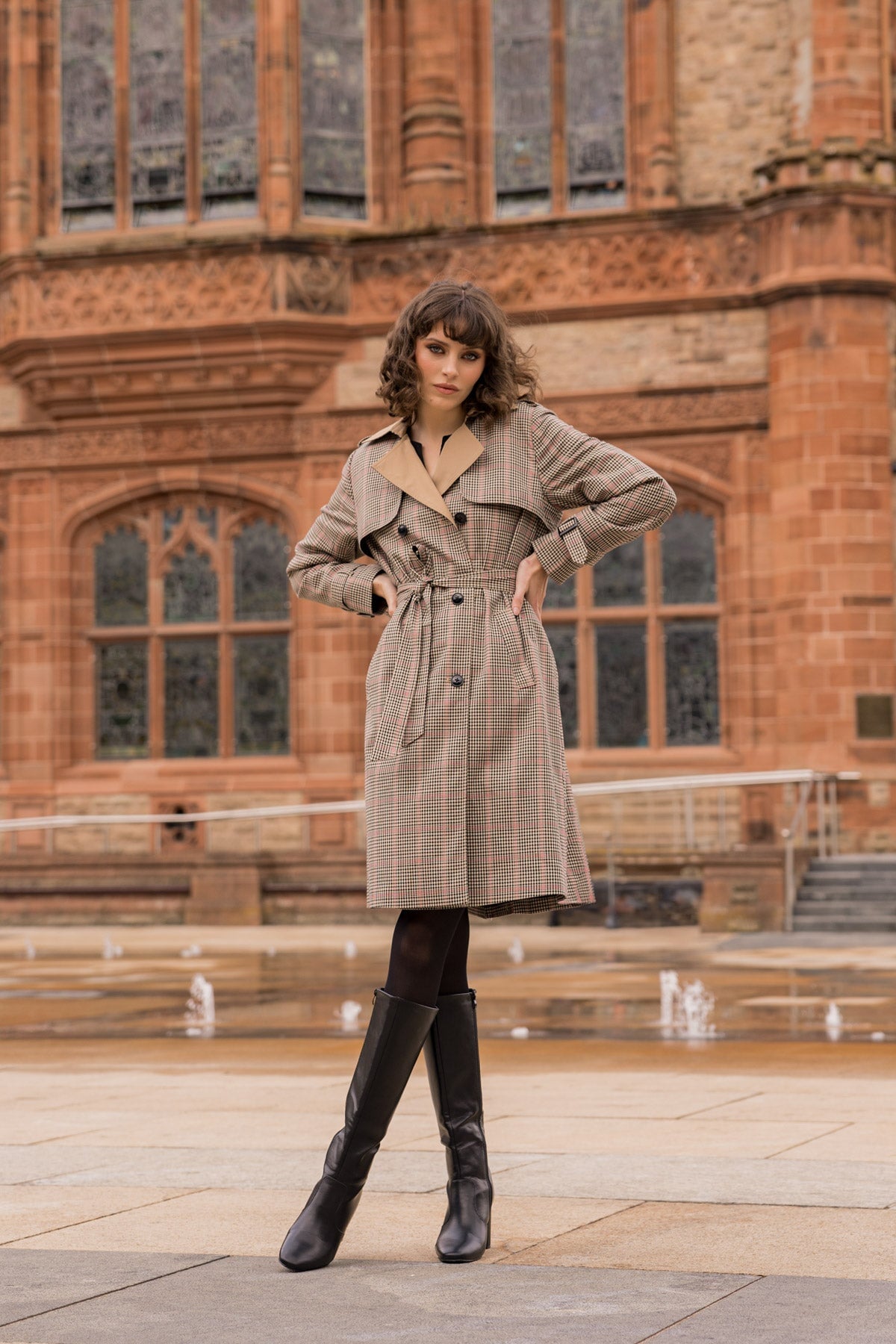 Ladies checked trench coat store