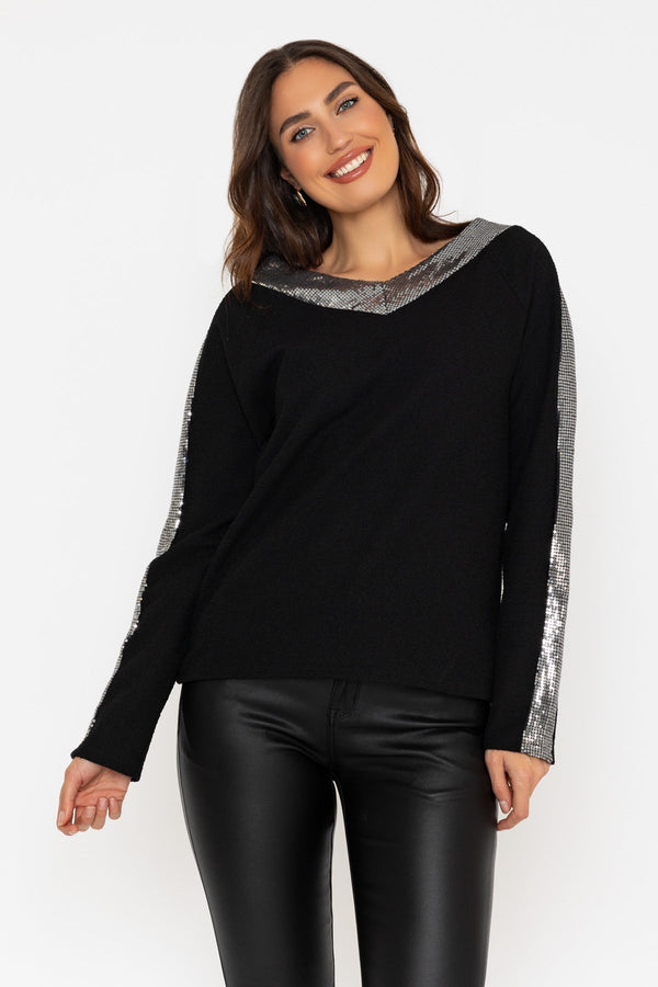 Carraig Donn Black Long Sleeve Sequin Trim Top