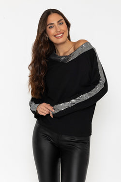 Carraig Donn Black Long Sleeve Sequin Trim Top