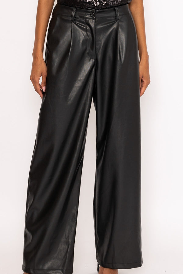 Carraig Donn Black PU Faux Leather Wide Leg Trousers