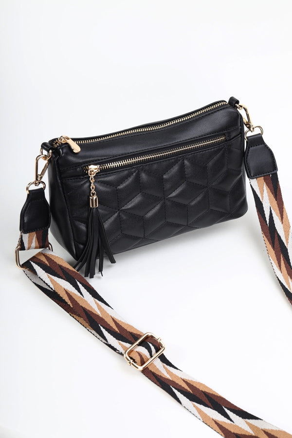 Carraig Donn Black Quilted Printed Strap Crossbody Bag