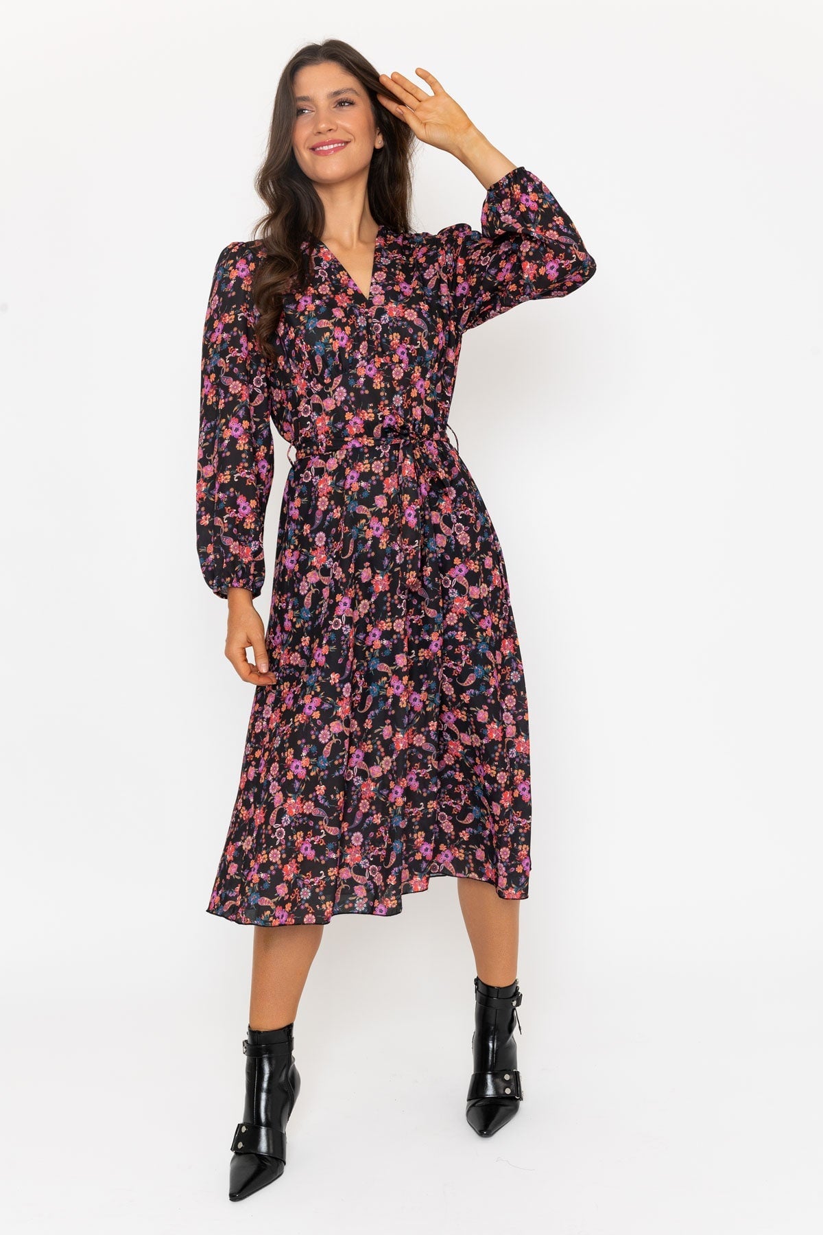 Black & Pink Floral Print Sinead Midi Dress