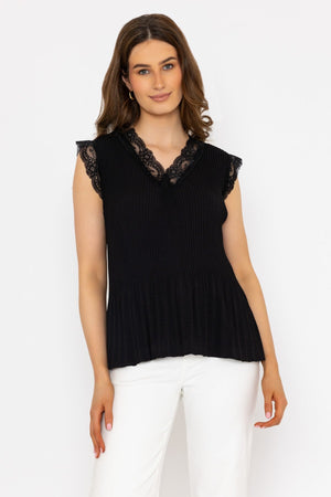 Black Sleeveless Lace Trim Pleat Top