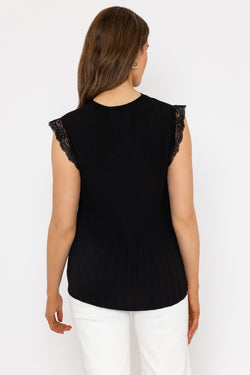 Carraig Donn Black Sleeveless Lace Trim Pleat Top