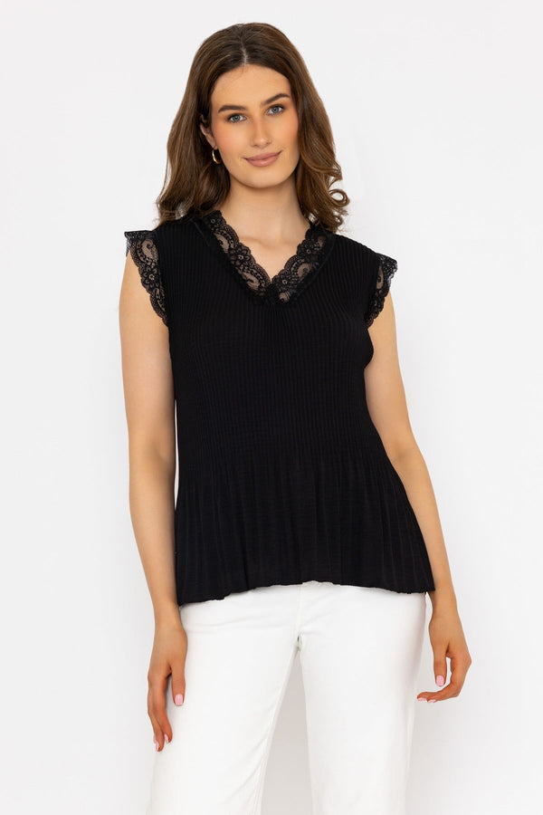 Carraig Donn Black Sleeveless Lace Trim Pleat Top