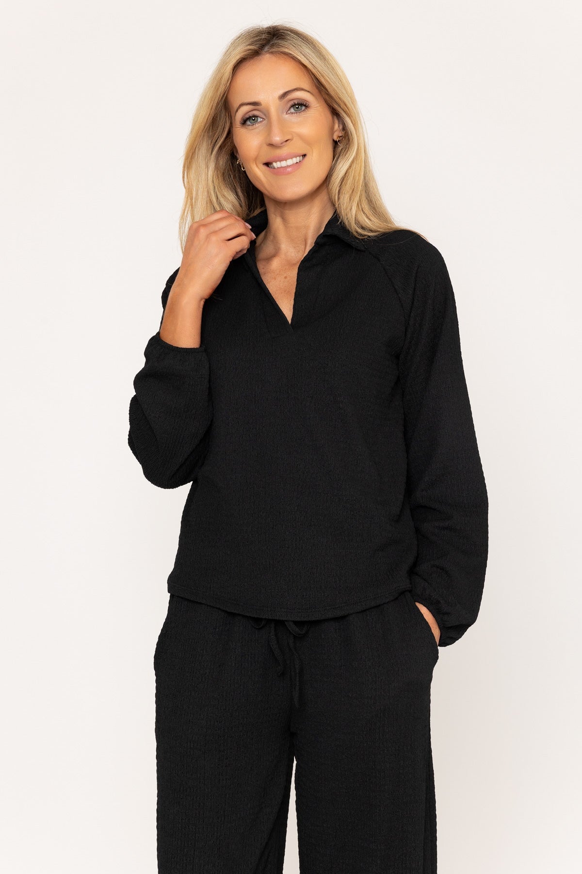 Black Textured Long Sleeve Collared Top