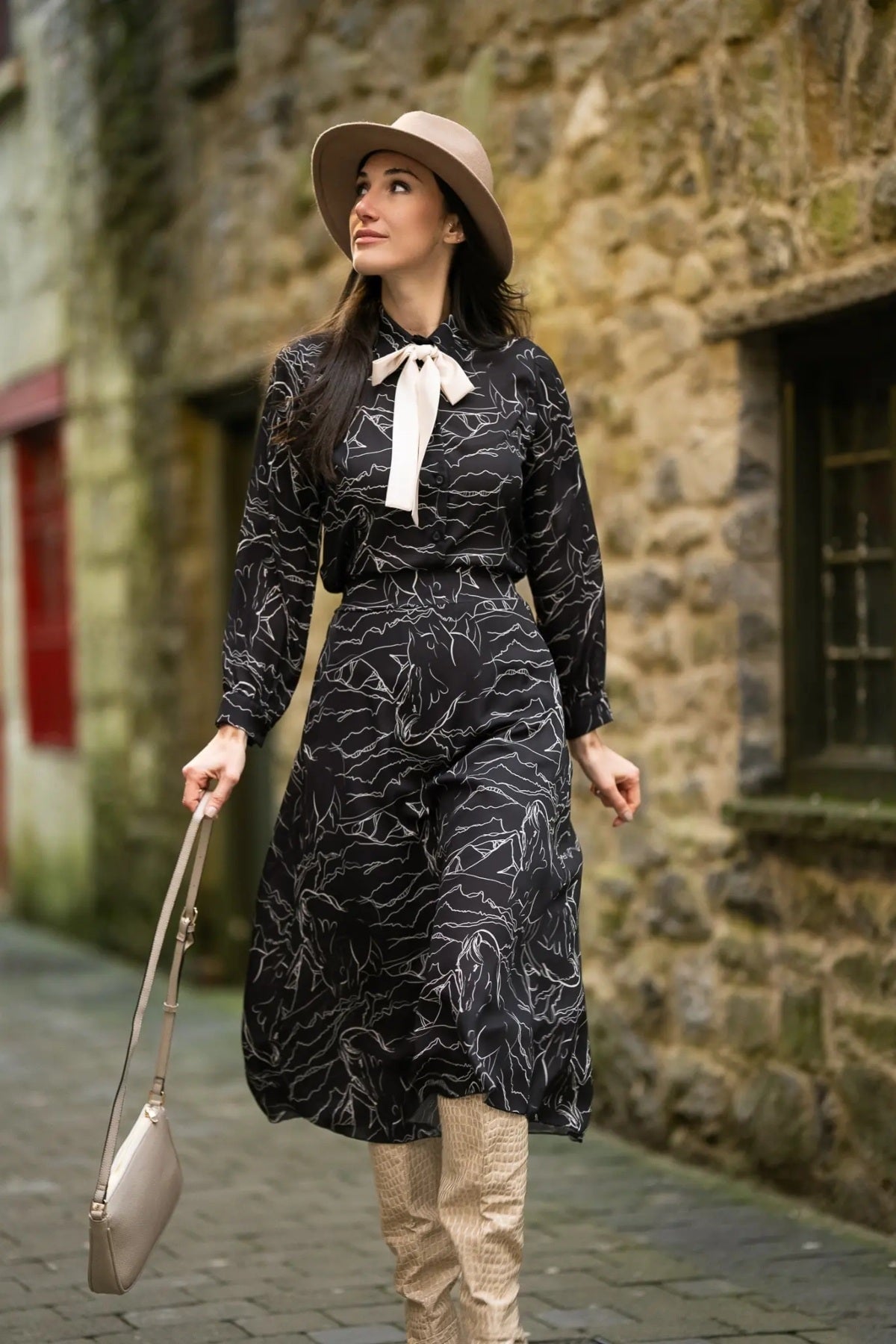 Black & White Print Midi Skirt