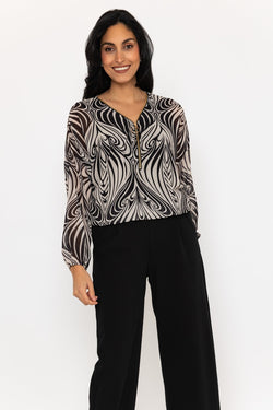 Carraig Donn Black & White Zip Detail Long Sleeve Top