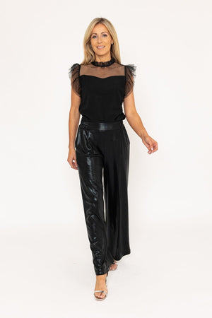 Black Wide Leg Wet Look Trousers