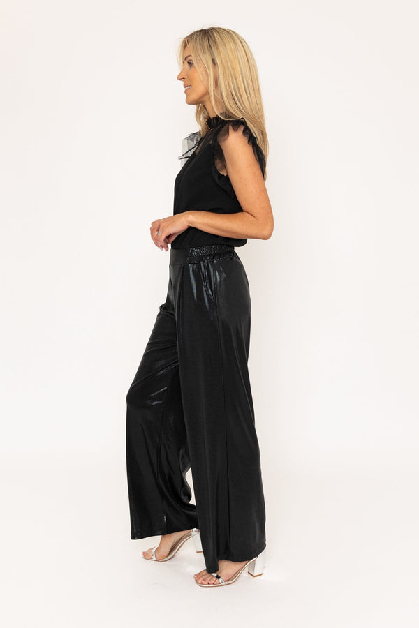 Carraig Donn Black Wide Leg Wet Look Trousers