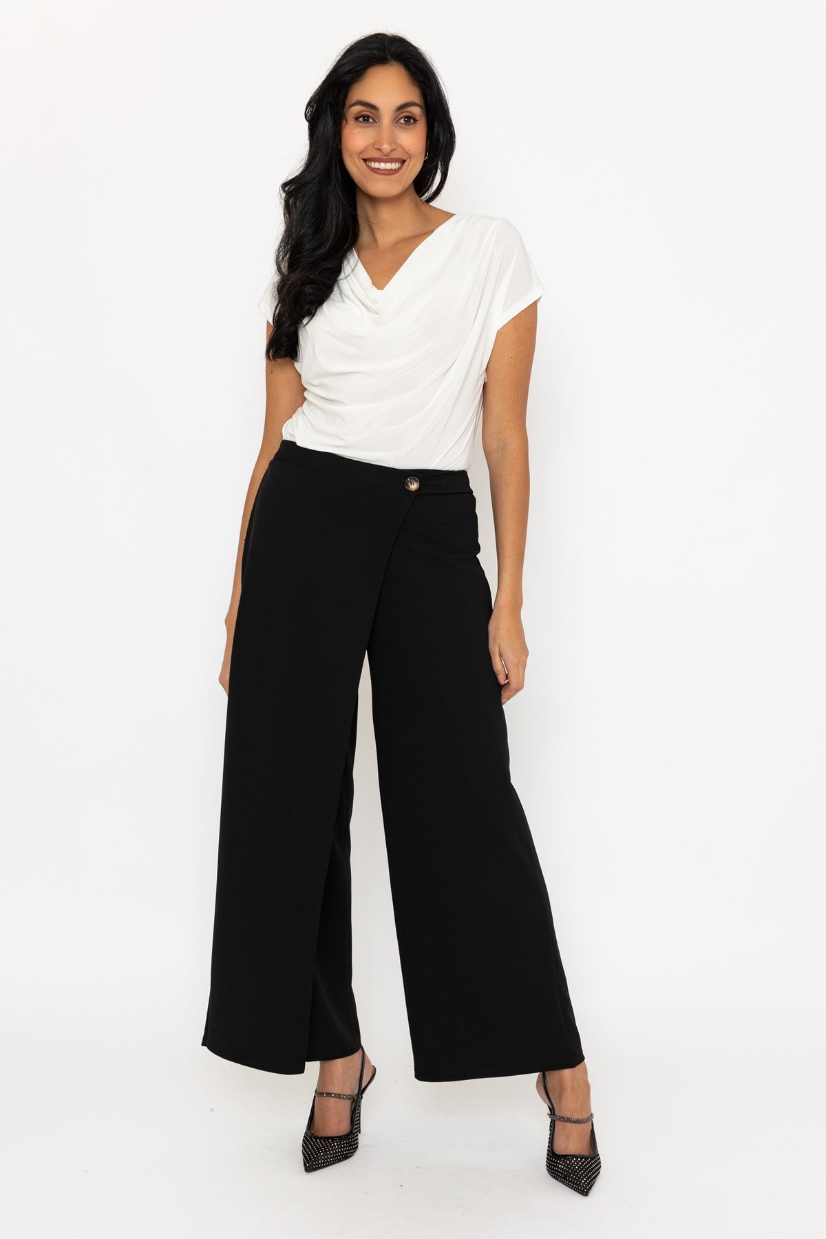 Black Wrap Front Wide Leg Trousers