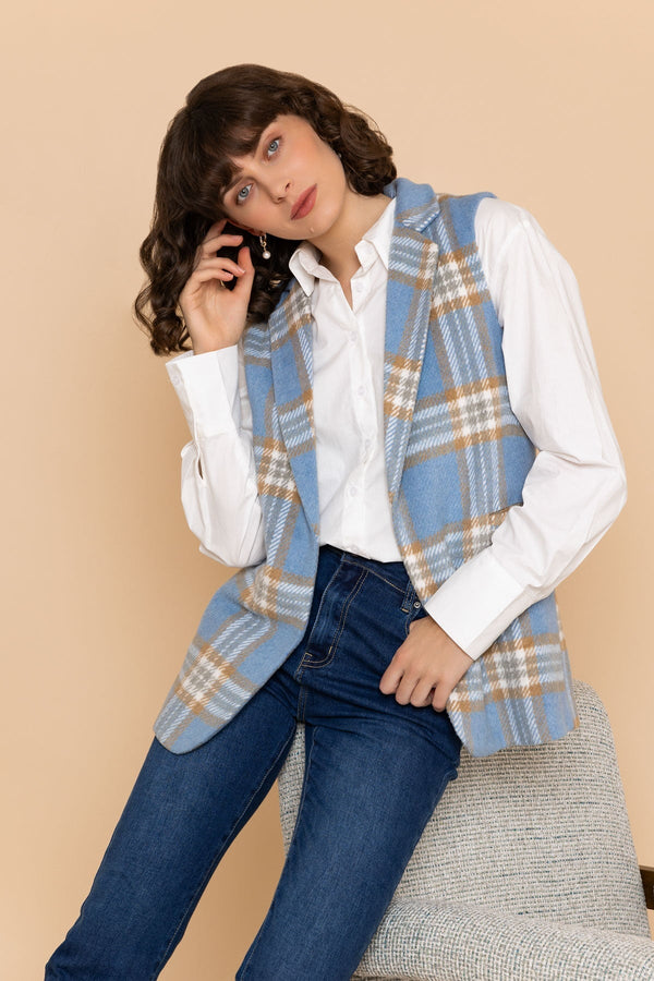 Carraig Donn Blue Check Gilet with Notch Lapel Collar