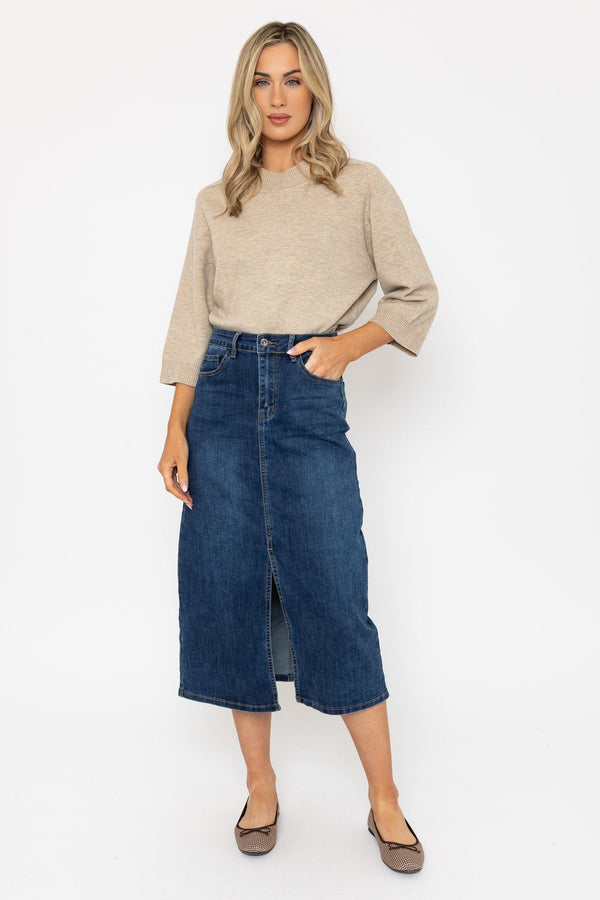 Carraig Donn Blue Denim Midi Skirt with Front Split