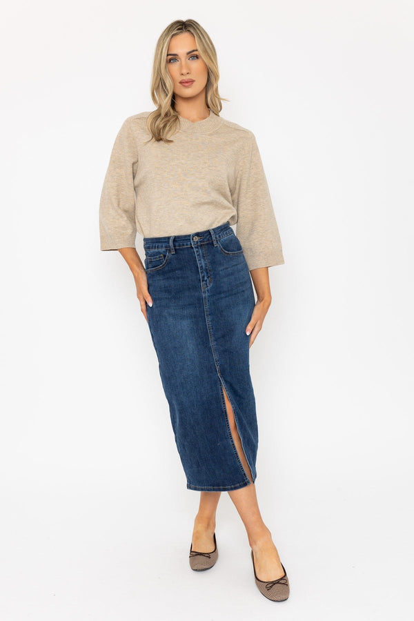 Carraig Donn Blue Denim Midi Skirt with Front Split