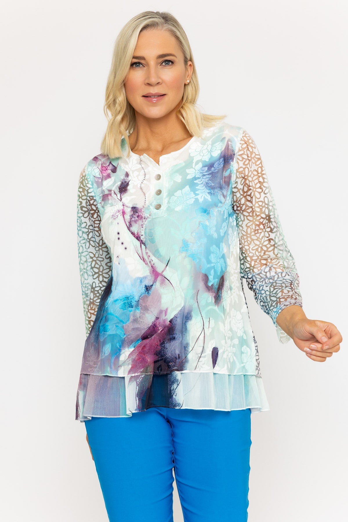 Blue Dovore Printed 3/4 Sleeve Top