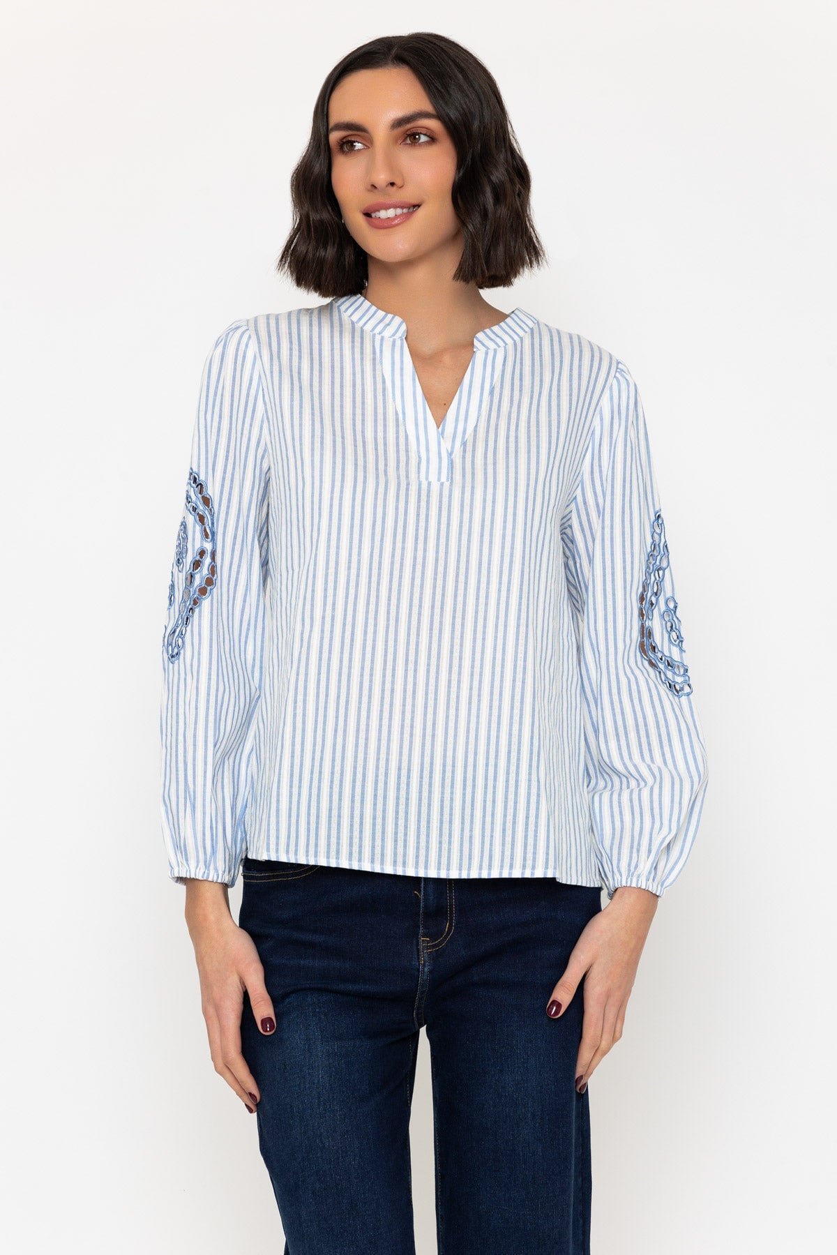 Blue Embroidered Long Sleeve Cotton Top