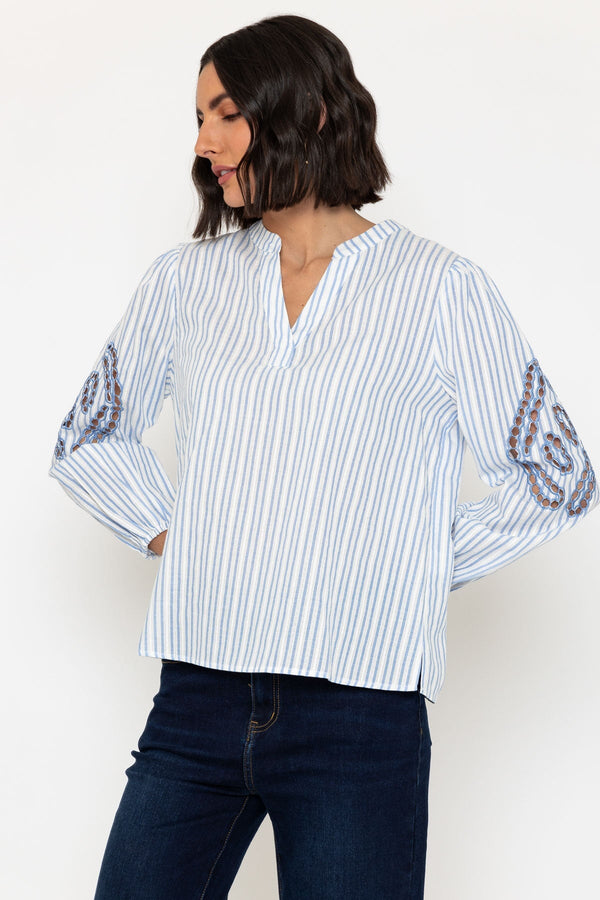 Carraig Donn Blue Embroidered Long Sleeve Cotton Top