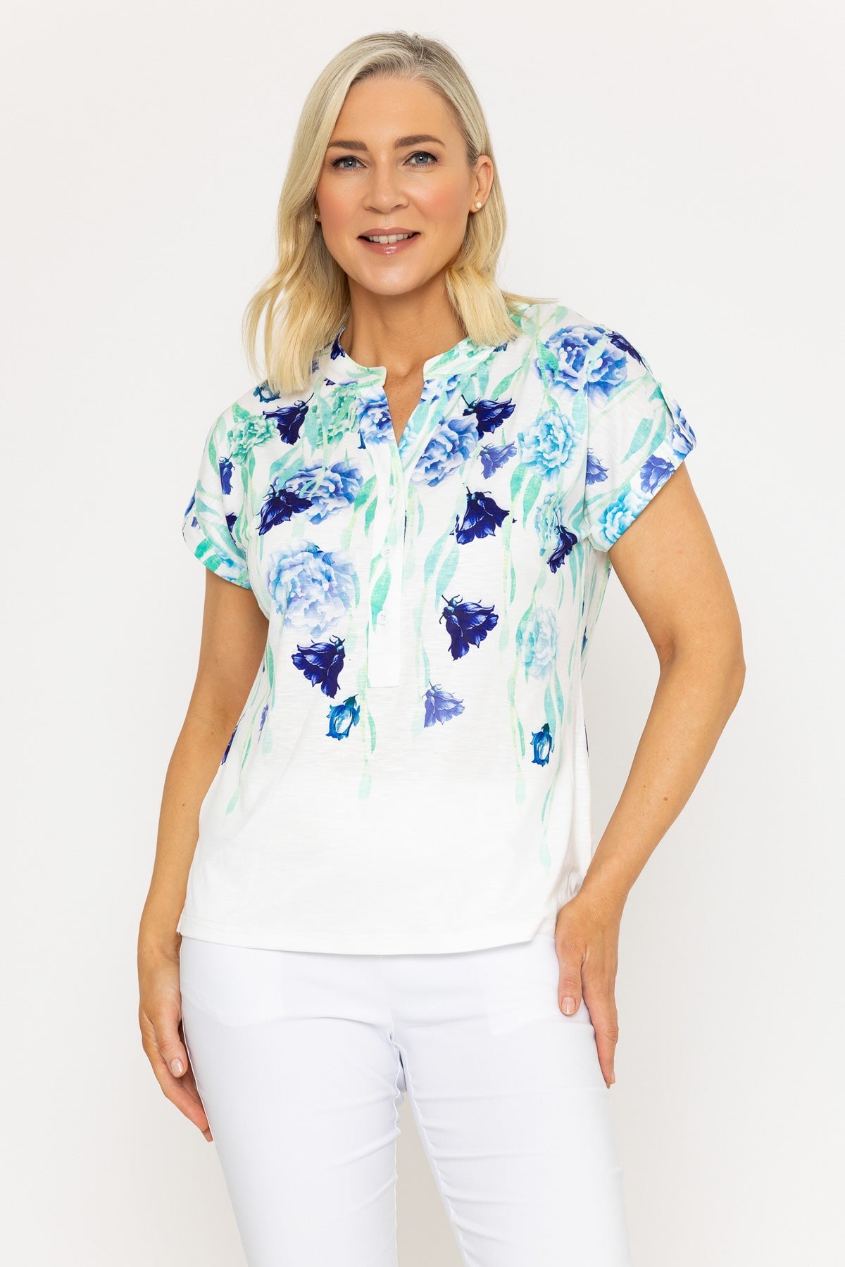 Blue Floral Printed Placket Short Sleeve Top