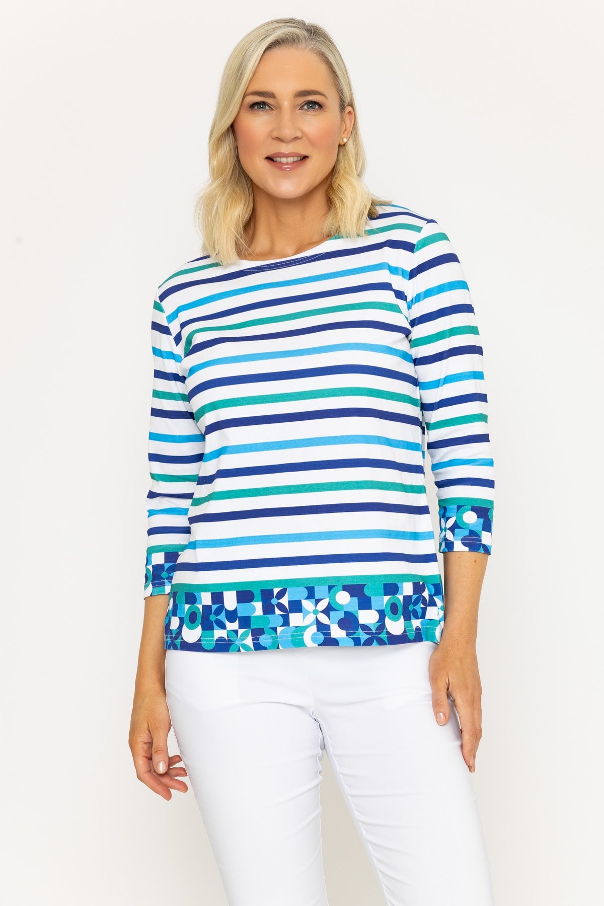 Blue & Green Striped Print Breton Top