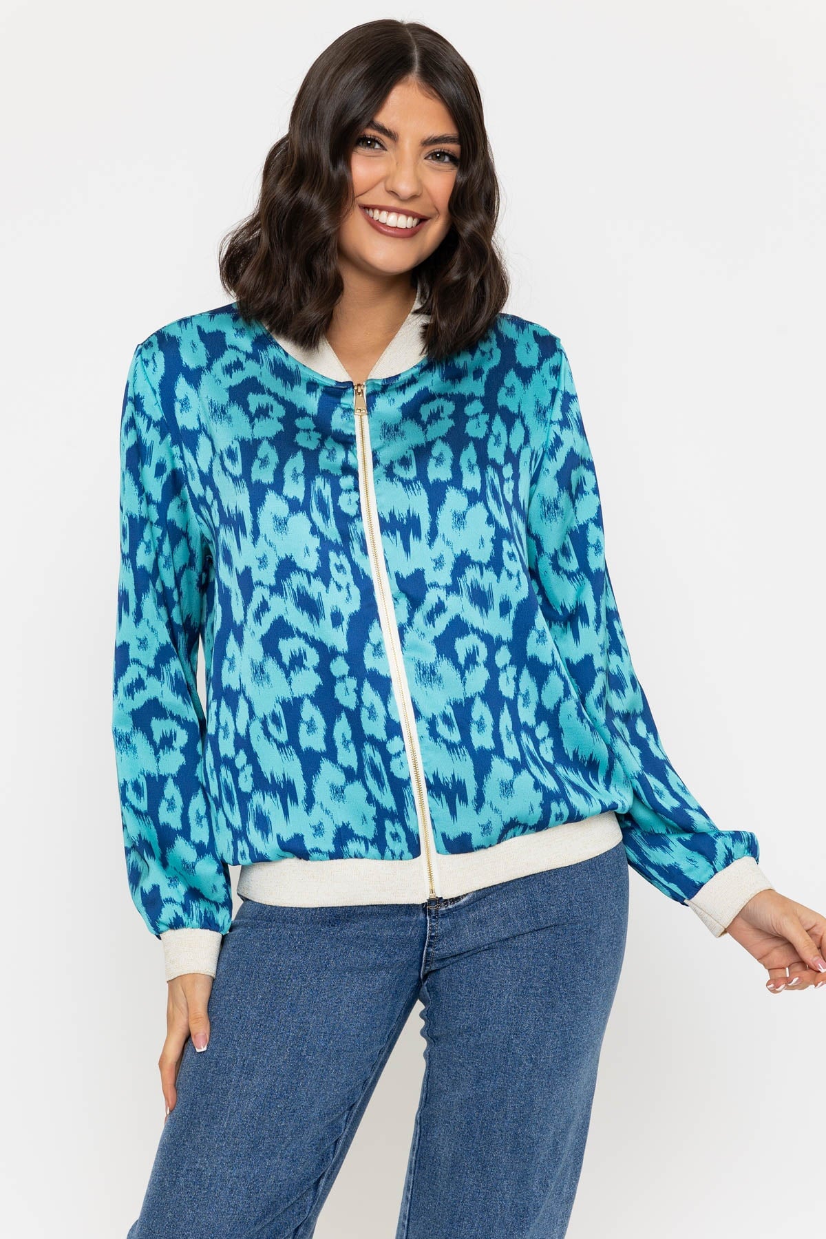 Blue Leopard Print Printed Bomber Jacket