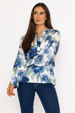 Carraig Donn Blue Print Sateen Placket Long Sleeve Shirt