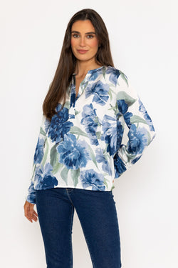 Carraig Donn Blue Print Sateen Placket Long Sleeve Shirt