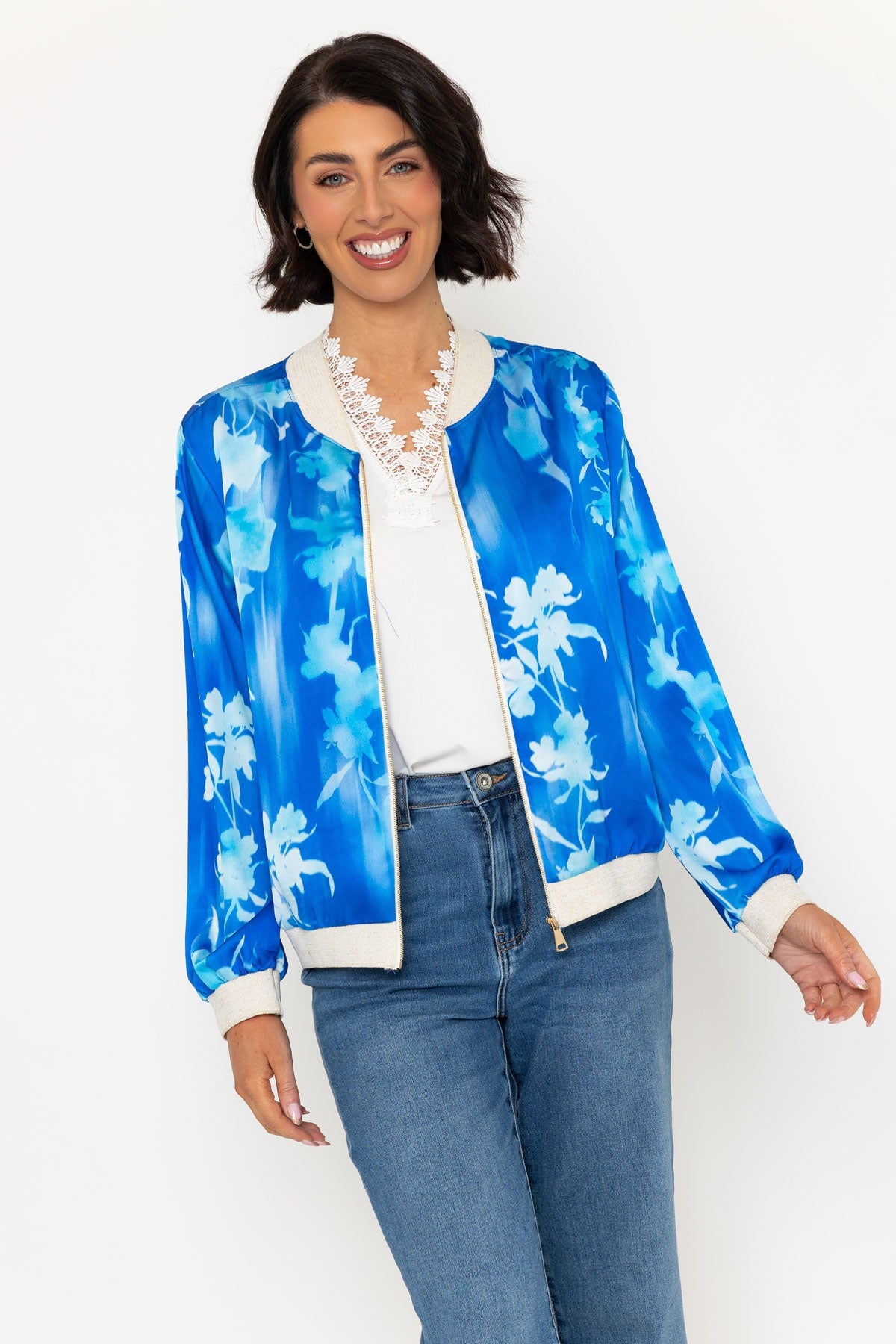 Blue Printed Printed Bomber Jacket