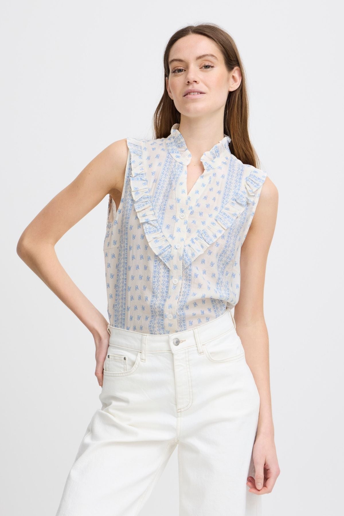 Blue Sleeveless Ruffe Shirt