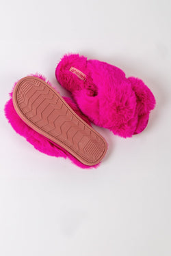 Buy Faux Fur Cross Slider Slippers - Pink - Fabulous Bargains Galore