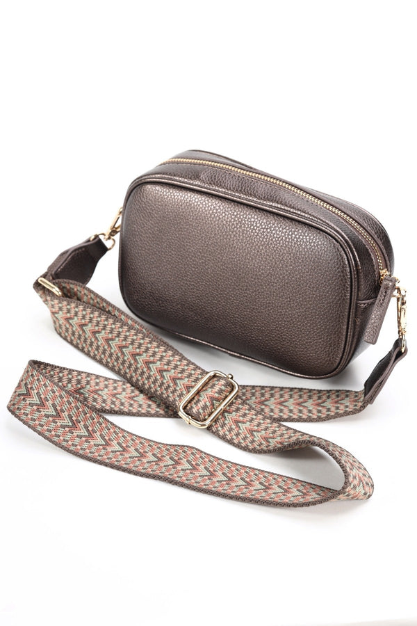 Carraig Donn Bronze Double Pocket Crossbody Bag with Printed Strap