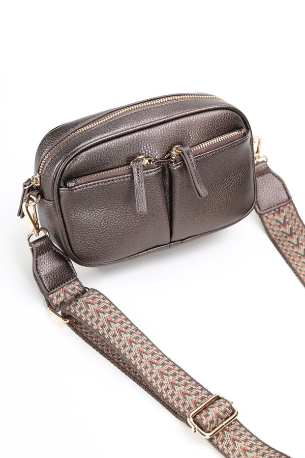 Carraig Donn Bronze Double Pocket Crossbody Bag with Printed Strap