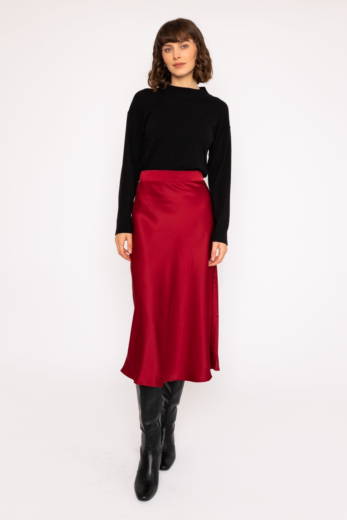 Burgundy silk midi skirt sale