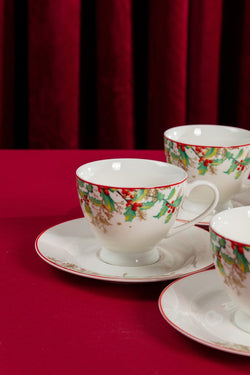 Carraig Donn Christmas Holly Cup and Saucer Set of 4