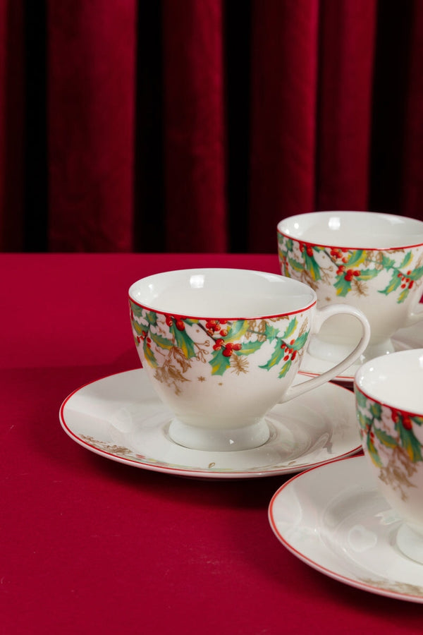 Carraig Donn Christmas Holly Cup and Saucer Set of 4