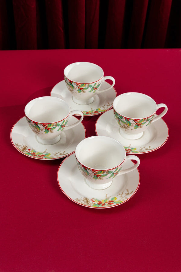 Carraig Donn Christmas Holly Cup and Saucer Set of 4