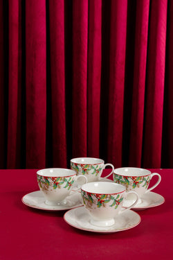 Carraig Donn Christmas Holly Cup and Saucer Set of 4