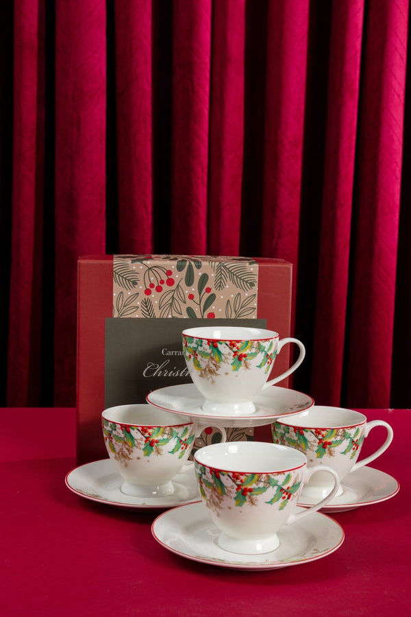 Carraig Donn Christmas Holly Cup and Saucer Set of 4