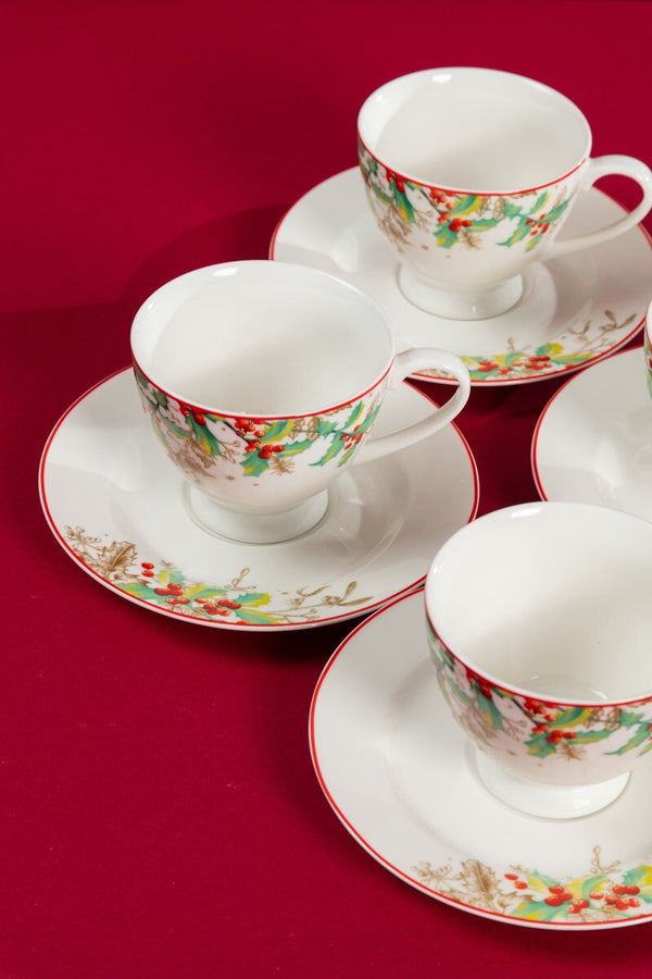 Carraig Donn Christmas Holly Cup and Saucer Set of 4